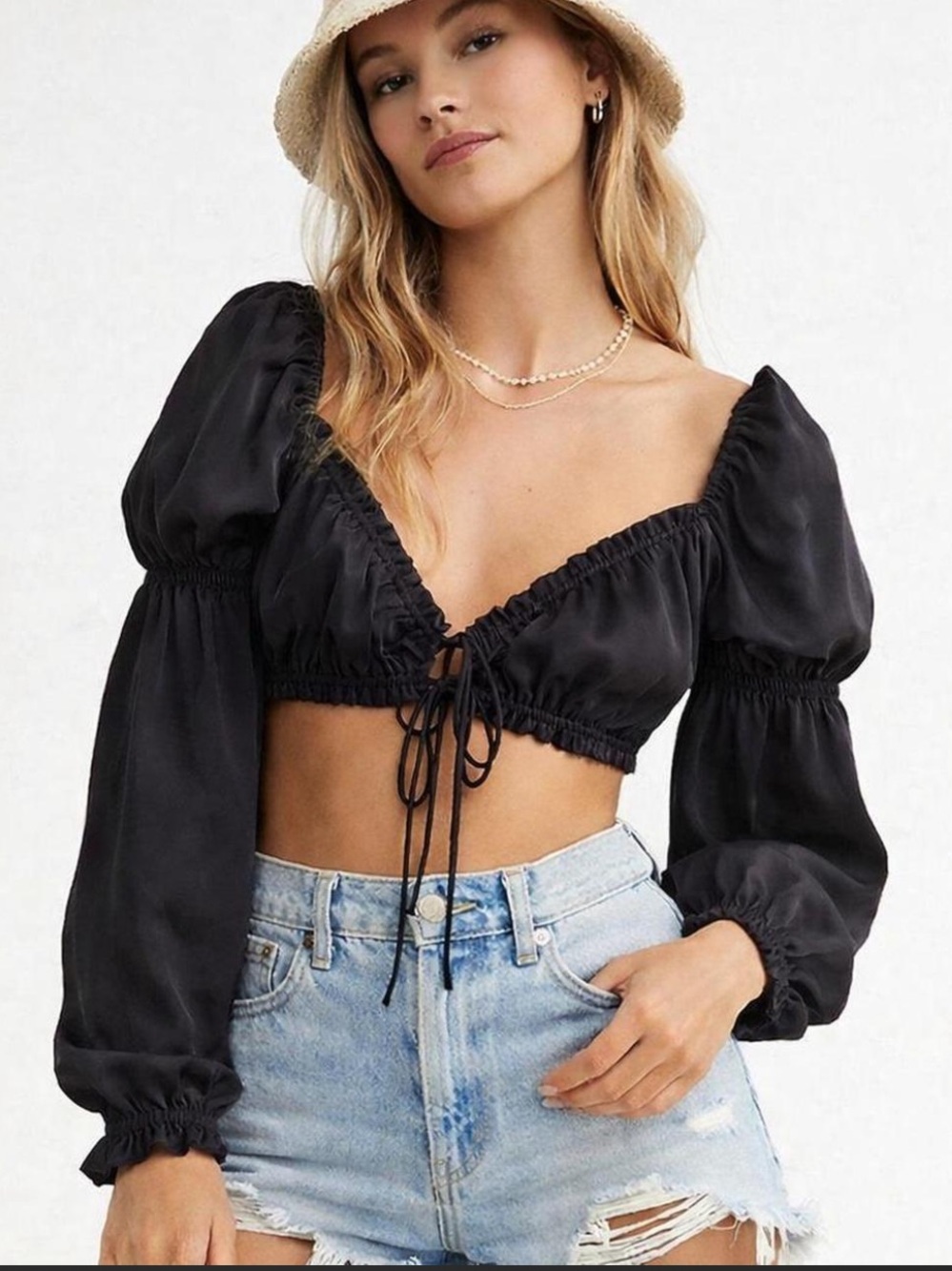 H&M cropped bra top with puff sleeves